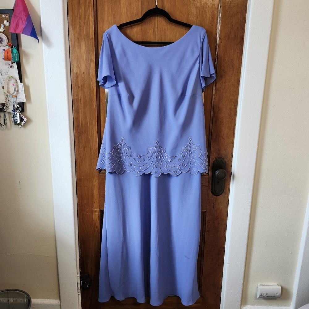 Coldwater Creek periwinkle blue beaded gown with cap sleeves and cowl back